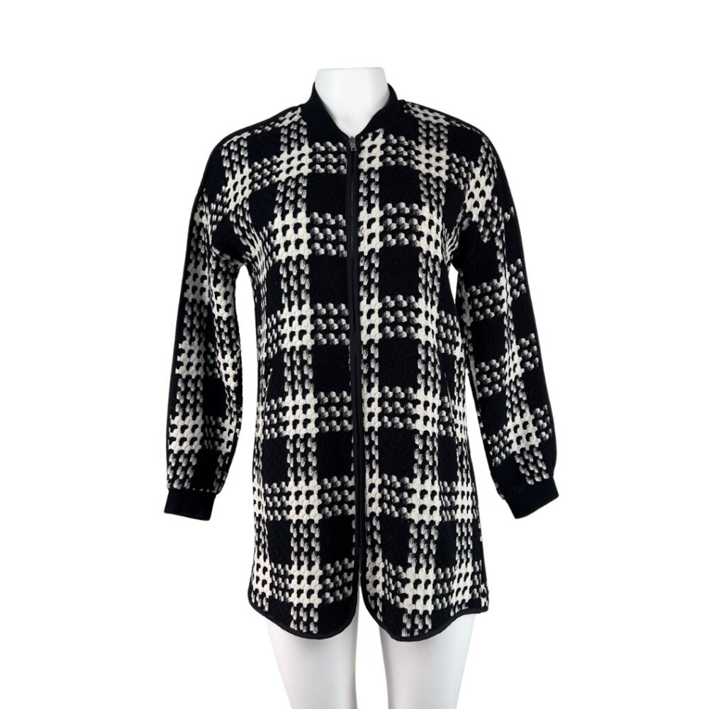 Long Line Bomber Jacket In Black And White Tweed